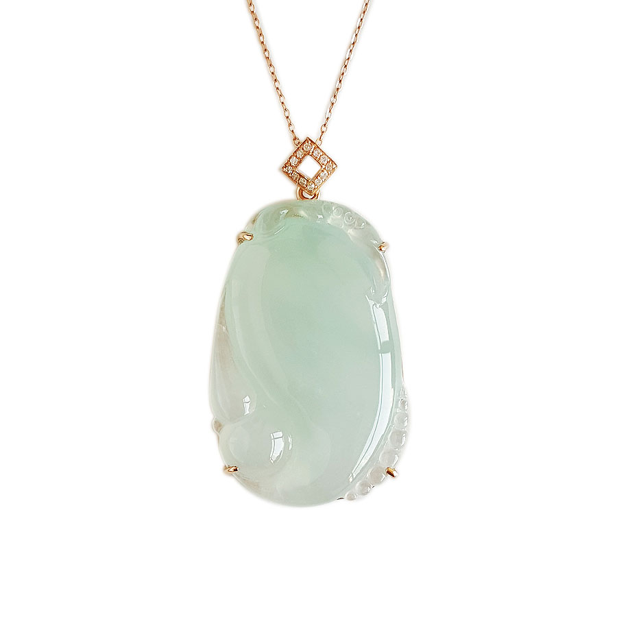 【天然正品】A货翡翠AU750玫瑰金镶钻镶天然细腻冰种如意（万事如意）翡翠吊坠项链41.4*22.3*6.8MM（皆取最大值）090326TJ30