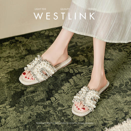 西遇度假凉拖鞋女2026夏季新款草编珍珠绝美平底一脚蹬外穿沙滩鞋V0066408 商品图3