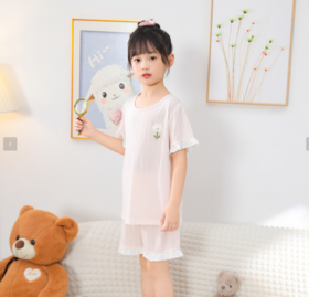 【7.5折新品特惠】【秀黛】女童圆领软萌短袖套装混纺轻盈透气撞色花边田园小淑女儿童睡衣家居服W2440003T【门店同款】