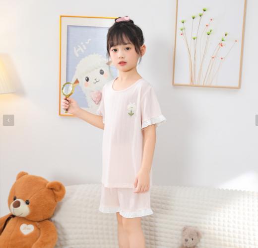【7.5折新品特惠】【秀黛】女童圆领软萌短袖套装混纺轻盈透气撞色花边田园小淑女儿童睡衣家居服W2440003T【门店同款】 商品图0