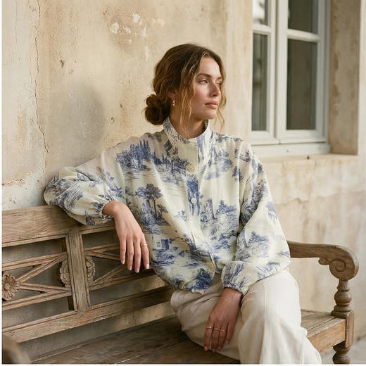 PALUOPO/PL国风印染真丝外套春夏翻领拉链上衣百搭长袖外套ES23102Z-A 商品图1