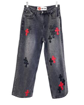 中性款十字架牛仔裤长裤hu009