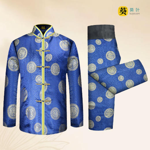 男士薄款织锦唐装蓝色三元寿6件套寿衣寿服套装 商品图1