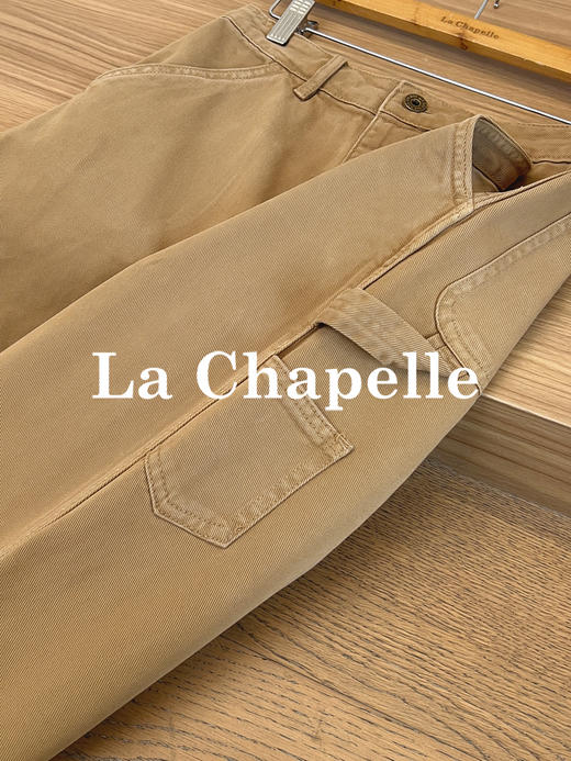 专柜实拍【全棉工装牛仔】拉夏贝尔/La Chapelle宽松复古高腰单扣裤袢工装风直筒牛仔裤美式做旧伐木裤 商品图5