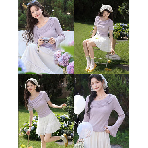 鹿向南「琉璃花海」法式设计感紫色T恤女春小众气质修身短款上衣 商品图4