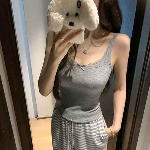 纯欲bm风蕾丝花边吊带背心女带胸垫蝴蝶结固定杯打底清纯甜美上衣 商品图2