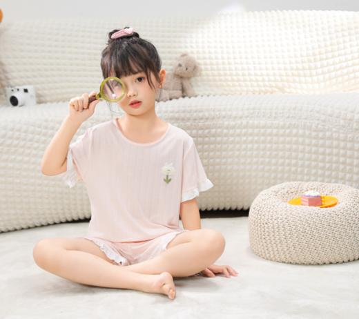 【7.5折新品特惠】【秀黛】女童圆领软萌短袖套装混纺轻盈透气撞色花边田园小淑女儿童睡衣家居服W2440003T【门店同款】 商品图3