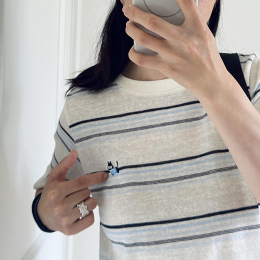 跑量！松弛感-猫咪刺绣撞色条纹短袖T【包邮+三天无理由退换】 商品图13