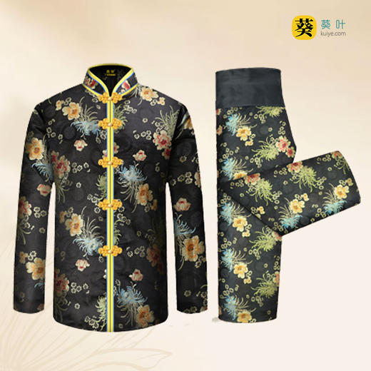女士薄款织锦唐装黑色大菊花6件套寿衣寿服套装 商品图1