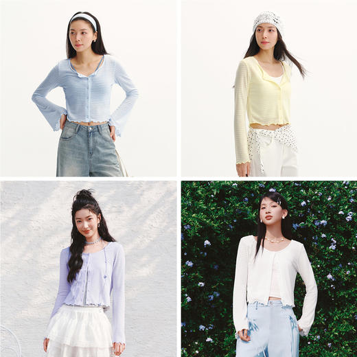 森马长袖T恤女夏短款肌理提花修身木耳边针织衫圆领2026新款开衫 商品图4