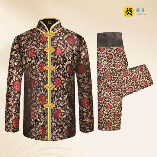 女士薄款织锦唐装黑底红石榴花6件套寿衣寿服套装 商品图1