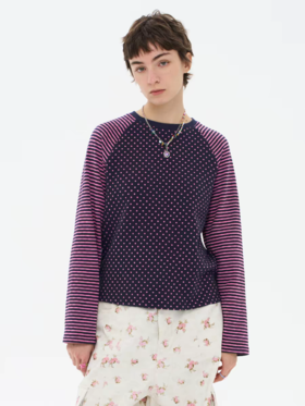 local tag/lt26ssk17/ 波点与条纹 合身长袖T 宽松百搭圆领插肩袖打底衫