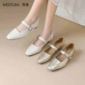 西遇一字带粗跟浅口单鞋2026春季新款法式复古通勤方头玛丽珍鞋女V0566334