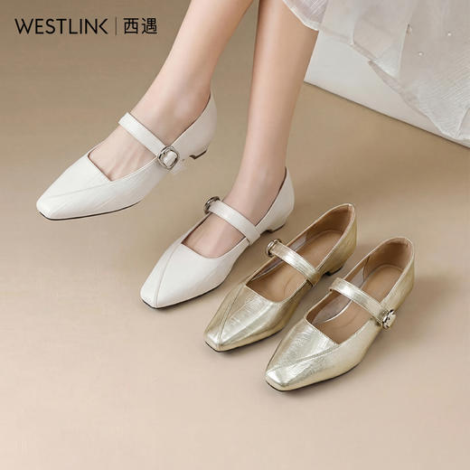 西遇一字带粗跟浅口单鞋2026春季新款法式复古通勤方头玛丽珍鞋女V0566334 商品图0