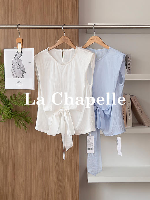 专柜实拍【小众设计！】拉夏贝尔/La Chapelle蕾丝圆领拼接花边下摆褶皱系带无袖小衫简约净版薄上衣 商品图0