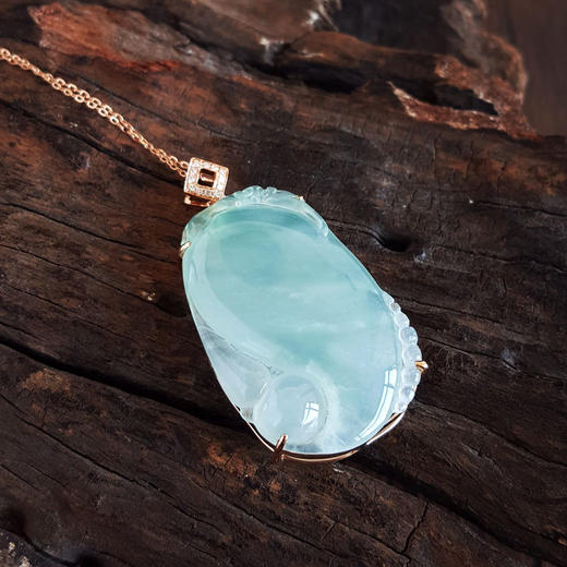 【天然正品】A货翡翠AU750玫瑰金镶钻镶天然细腻冰种如意（万事如意）翡翠吊坠项链41.4*22.3*6.8MM（皆取最大值）090326TJ30 商品图3