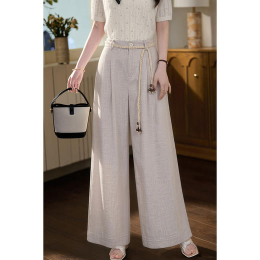 【藏青色预售10天】米思阳2026春新款老钱风松弛感仿亚麻时尚百搭绳结高腰阔腿裤休闲裤长款裤子女6073 商品图8