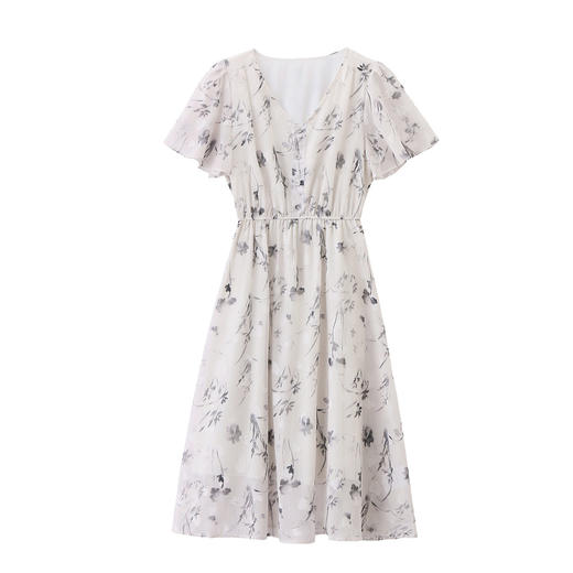 「自」全新升级【铂金会员247/天猫329/差价82】(10719)洛诗琳气质水墨印花连衣裙女2026夏季新款收腰荷叶袖中长裙 商品图4