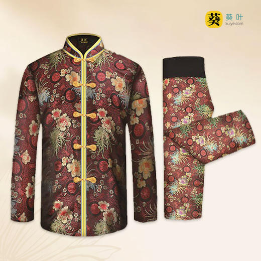 女士薄款织锦唐装黑底红大菊花6件套寿衣寿服套装 商品图1