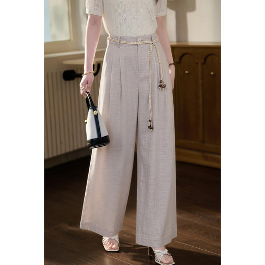 【藏青色预售10天】米思阳2026春新款老钱风松弛感仿亚麻时尚百搭绳结高腰阔腿裤休闲裤长款裤子女6073 商品图7