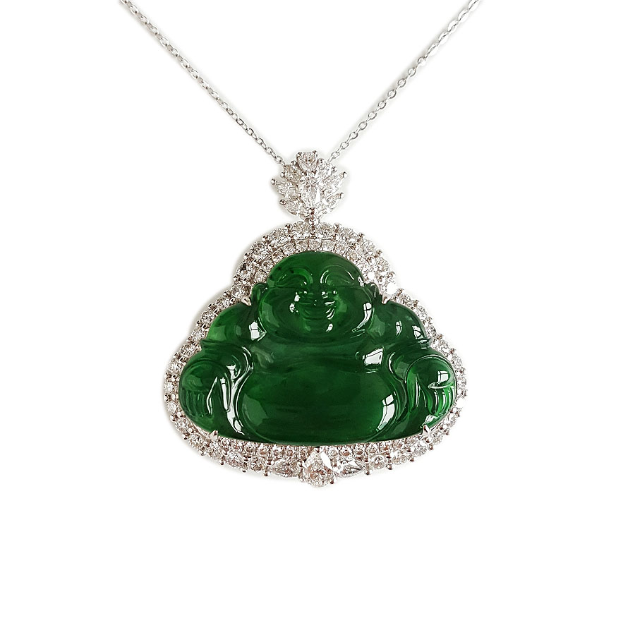 【天然正品】A货翡翠AU750收藏级白金豪镶钻镶天然细腻满绿冰种佛公造型翡翠吊坠项链37.1*34.1*12.1MM（皆取最大值）260326NJS16