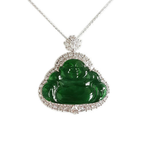 【天然正品】A货翡翠AU750收藏级白金豪镶钻镶天然细腻满绿冰种佛公造型翡翠吊坠项链37.1*34.1*12.1MM（皆取最大值）260326NJS16 商品图0