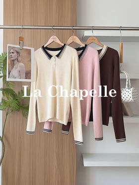 专柜实拍【山羊绒/羊毛！轻薄polo衫】拉夏贝尔/La Chapelle撞色翻领三扣设计修身弹力显瘦打底针织衫