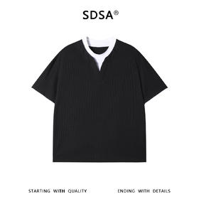 SDSA男装2026新款轻奢简约撞色拼接竖纹圆领短袖T恤百搭宽松上衣