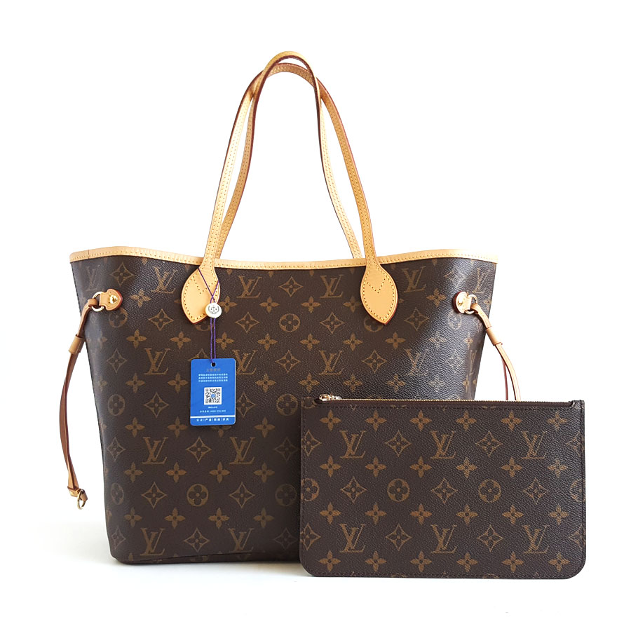 【95新】LV路易威登M46975中号老花NF新款米色内里刺绣边neverfull购物袋单肩包女士300326AK11