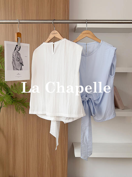 专柜实拍【小众设计！】拉夏贝尔/La Chapelle蕾丝圆领拼接花边下摆褶皱系带无袖小衫简约净版薄上衣 商品图1