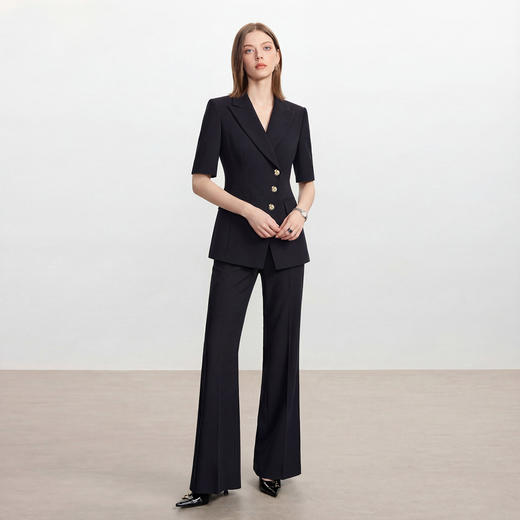 IWY/黑色短袖西装套装女夏职业装收腰阔腿裤两件套商务通勤正装6CP33 商品图2
