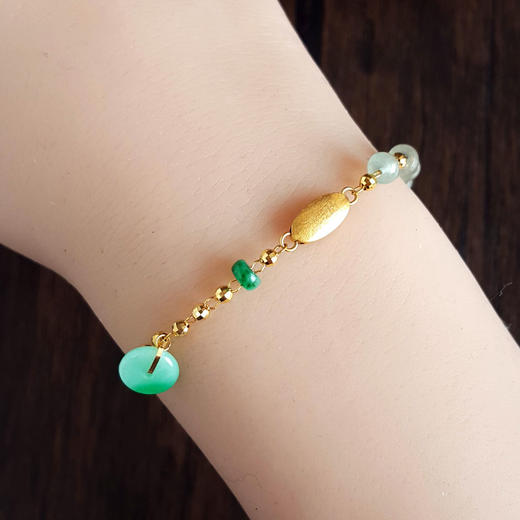 【天然正品】A货翡翠AU750黄金镶天然细腻糯种飘辣阳绿平安扣配冰种桶珠翡翠手链 链长：21CM（长度可调节）080426XY18 商品图5