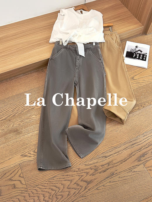 专柜实拍【全棉工装牛仔】拉夏贝尔/La Chapelle宽松复古高腰单扣裤袢工装风直筒牛仔裤美式做旧伐木裤 商品图2