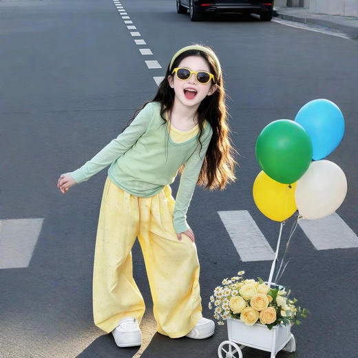 童洛萌女童春夏季韩系穿搭新款多巴胺女孩长袖背心裤子三件套爆款针织120-170 商品图1