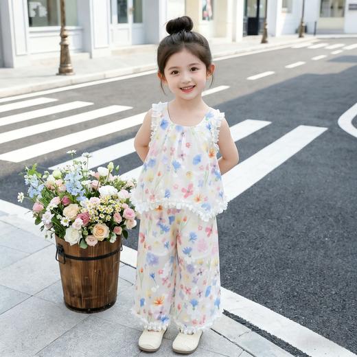 童洛萌女童套装夏季新款洋气儿童宝宝花边无袖背心时尚阔腿裤两件套90-150 商品图3