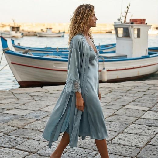 桑罗SANGLUO性感真丝蕾丝吊带睡袍裙两件套桑蚕丝套装家居服睡衣女【"100%精6A级桑蚕丝 16MM素绉缎"】03062894 商品图14