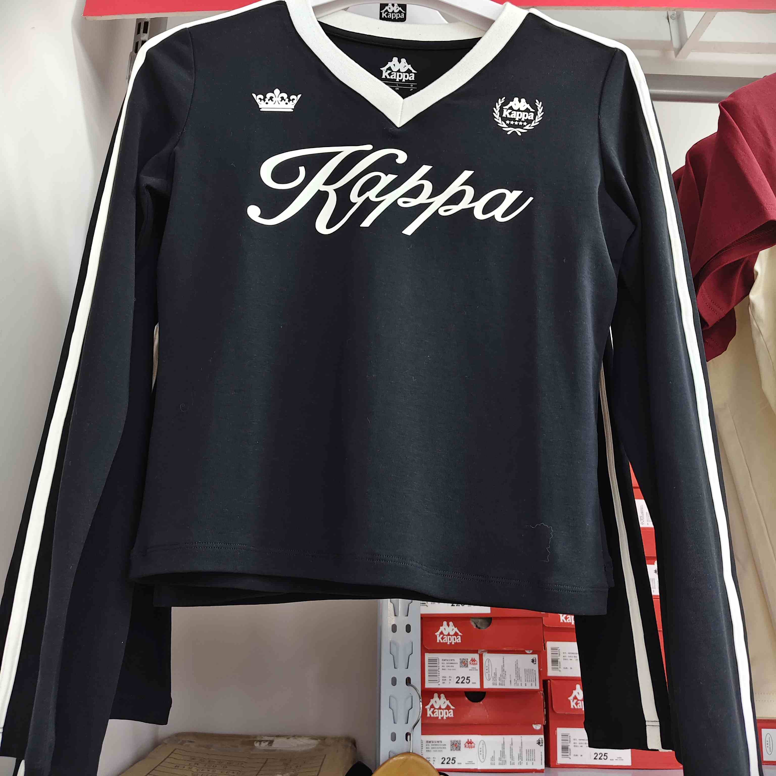 XY/Kappa卡帕长袖T恤女士新款V领套头衫休闲运动上衣  黑色