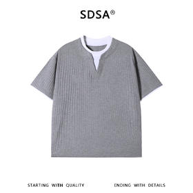 SDSA男装2026新款轻奢简约撞色拼接竖纹圆领短袖T恤百搭宽松上衣