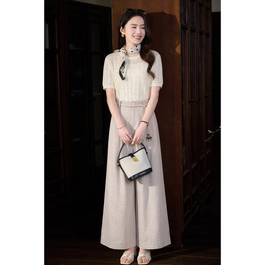 【藏青色预售10天】米思阳2026春新款老钱风松弛感仿亚麻时尚百搭绳结高腰阔腿裤休闲裤长款裤子女6073 商品图6