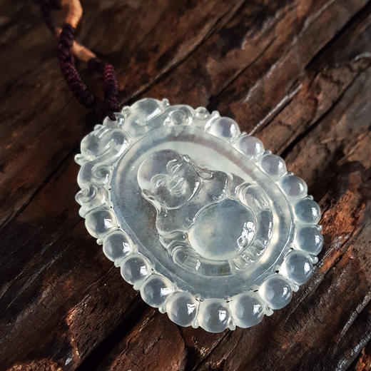 【天然正品】A货翡翠天然细腻冰种连珠瑞兽纹佛公造型（平安吉祥、福气满满）翡翠吊坠项链43.7*33.3*4.7MM（皆取最大值）220326TJ14 商品图5