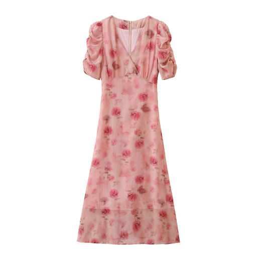 「自」全新升级【铂金会员247/天猫329/差价82】(11322)洛诗琳法式V领优雅收腰连衣裙2026夏季新款显瘦印花长裙 商品图4