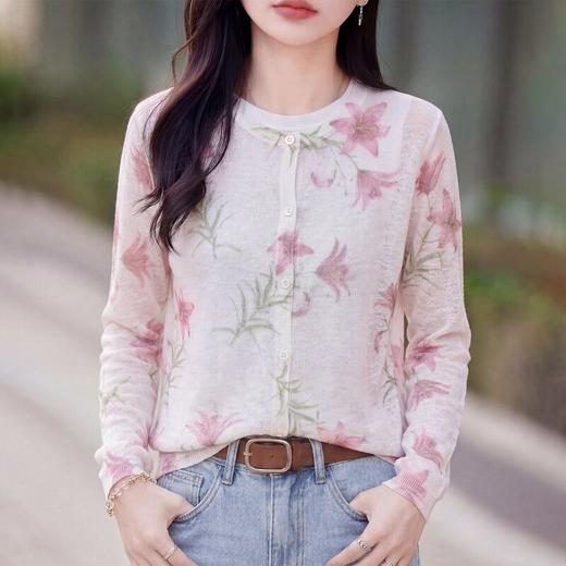 「自」全新升级【铂金会员146/天猫199/差价53】(13129)洛诗琳气质薄款针织开衫女2026新款显瘦印花针织外套女 商品图0