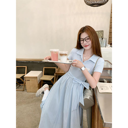 <曾小咸推荐>polo领短袖连衣裙女夏季巨好看显瘦a字收腰连身长裙子 商品图0