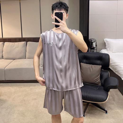 无袖男士睡衣夏季休闲宽松纯色条纹凉感冰丝背心家居服套装可外穿 商品图4