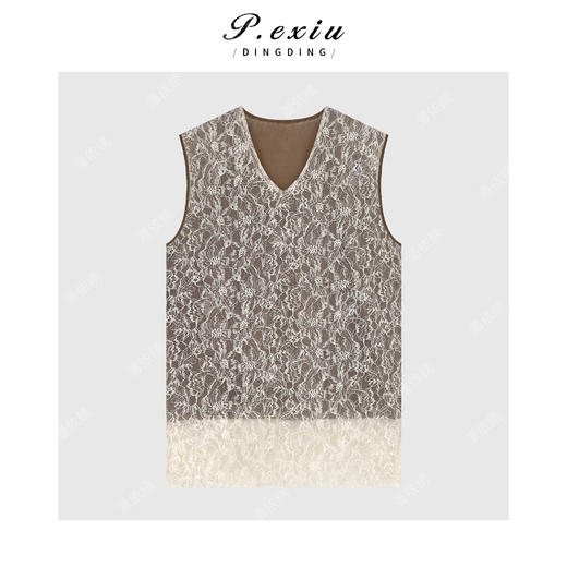 PanYiXiu/潘依绣法式精致感假两件蕾丝拼接宽松V领无袖连衣裙 H2609 商品图1