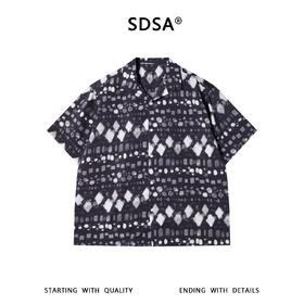 SDSA男装2026新款轻奢几何菱形满印古巴领短袖衬衫宽松复古上衣