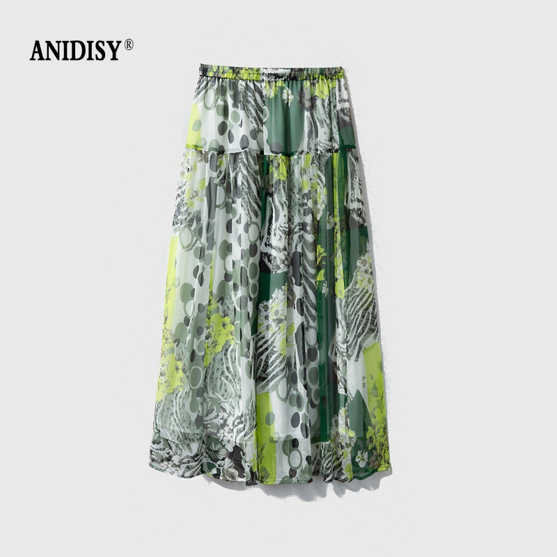 真丝绿底印花高腰松紧腰宽松半身裙