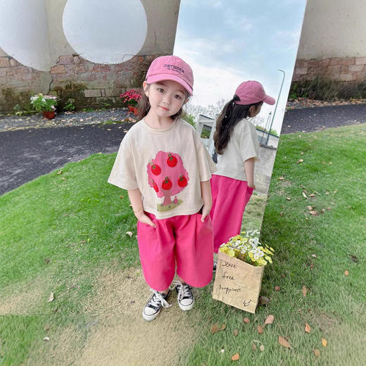 童洛萌女童夏季纯棉短袖套装t恤阔腿休闲工装裤时尚洋气两件套100-160 商品图2
