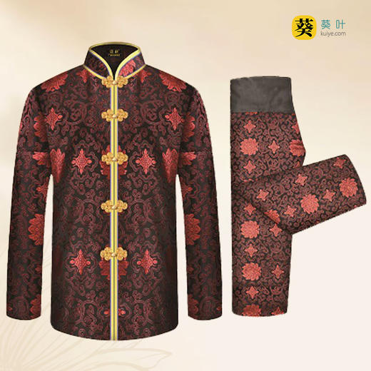 女士薄款织锦唐装黑底红富贵花6件套寿衣寿服套装 商品图1