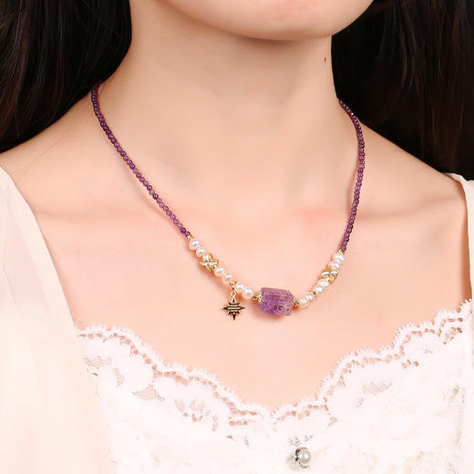 【祈愿吉品】紫水晶八芒星吊坠女 紫气东来 引航灯塔 淡水珍珠项链 商品图1
